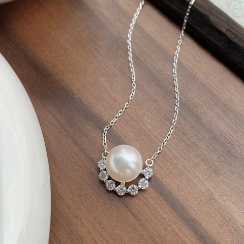 Elegante Collana Con Pendente in Perla Artificial Rotonda in Argento Sterling S925 Per Donna Zirconia Minimalista Catena a Clavicola
