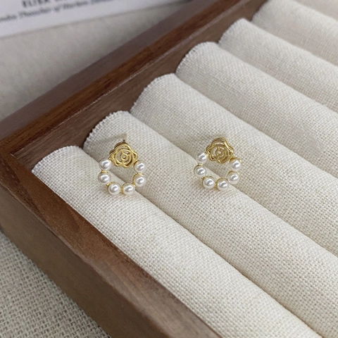Orecchini a Bottone Rosa Vintage Francese Con Perno in Argento Sterling 925 Oro Placcato Perla Artificial Intarsiata Fiore Gioielli Donna