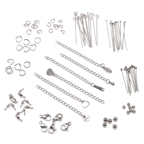 Stainless Steel Jewelry Findings Set Lobster Clasps Jump Rings Extension Chains Round Beads For DIY Jewelry Making Accessories