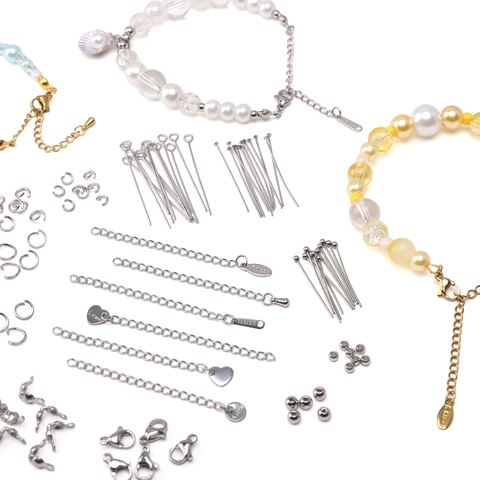 Stainless Steel Jewelry Findings Set Lobster Clasps Jump Rings Extension Chains Round Beads For DIY Jewelry Making Accessories