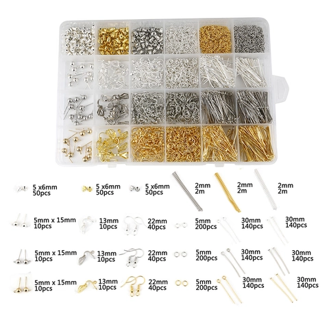 Kit de Accesorios para Crear Joyas DIY Con Ganchos para Pendientes Anillas Abiertas Cierres de Langosta Juego de Reparación Joyas Caja Multi Rejilla