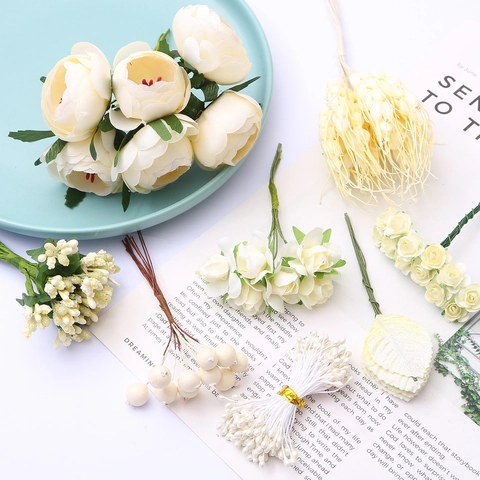Étamines de Fleurs Artificielles Feuilles Baies Matériaux de Bricolage DIY Beige Crème Composants Floraux en Soie Artificielle pour Mariage Maison