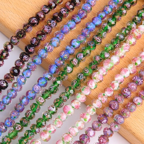 Faceted Glass Beads Millefiori Rose Flower Gold Sand Loose Beads For DIY Jewelry Bracelet Necklace Making Craft Accessories
