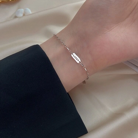 925 Sterling Silver Lucky Letter Engraved Bracelet For Women Minimalist Rectangular Tag Adjustable Chain Fine Jewelry Gift