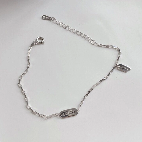 925 Sterling Silver Lucky Letter Engraved Bracelet For Women Minimalist Rectangular Tag Adjustable Chain Fine Jewelry Gift