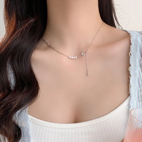 Collana di Künstliche Perle con Stella a Otto Punte in Argento S925 Placcato Oro Argento Pendente a Stella Zirconia Gioielli di Moda