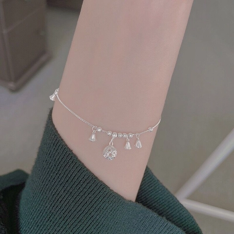 925 Sterling Silver Palace Bell Bracelet For Women Elegant Vintage Hollow Ball Pendant Adjustable Anklet Hand Jewelry Gift