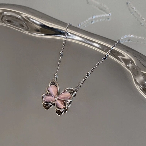 S925 Sterling Silver Pink Butterfly Pendant Necklace Elegant Sweet Rhinestone Inlaid Clavicle Chain For Women Jewelry