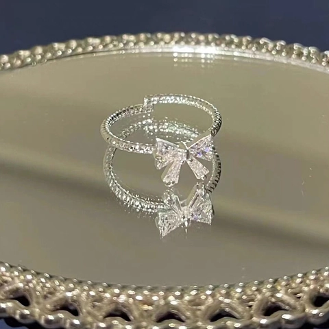 S925 Sterlingsilber Schleife Verstellbarer Offener Ring Mit Zirkonia Eingelegt Süß Elegant Nischendesign Damen Fingerring