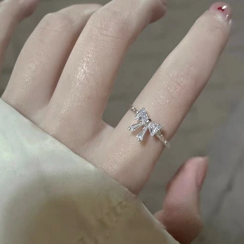 S925 Sterlingsilber Schleife Verstellbarer Offener Ring Mit Zirkonia Eingelegt Süß Elegant Nischendesign Damen Fingerring