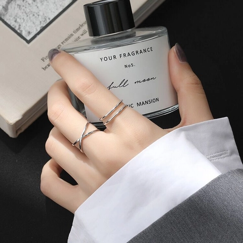 Anillo Abierto Minimalista de Plata de Ley S925 Cruz Doble Línea para Mujer Ajustable Geométrico Estilo Frío Joyería