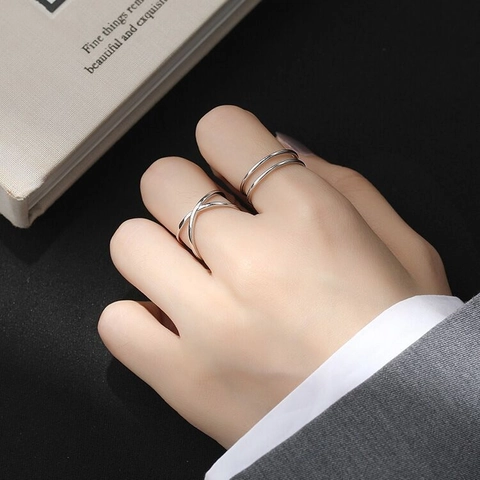 Anillo Abierto Minimalista de Plata de Ley S925 Cruz Doble Línea para Mujer Ajustable Geométrico Estilo Frío Joyería