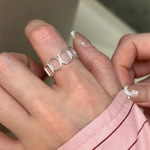 S925 Sterling Silver Geometric Hollow Ring Minimalist Beaded Dot Open Adjustable Finger Ring For Women Modern Ins Style Jewelry