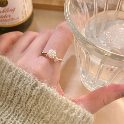 Anillo Abierto de Flor de Camelia de Plata de Ley S925 para Mujer Elegante Circonia Incrustada Ajustable Joyería de Dedo