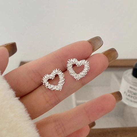 S925 Sterling Silver Hollow Heart Stud Earrings For Women Sparkling Rhinestone Sweet Luxury Style Handmade Earring Jewelry