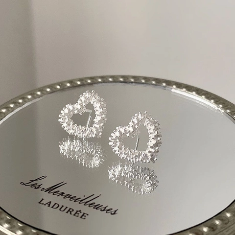 S925 Sterling Silver Hollow Heart Stud Earrings For Women Sparkling Rhinestone Sweet Luxury Style Handmade Earring Jewelry