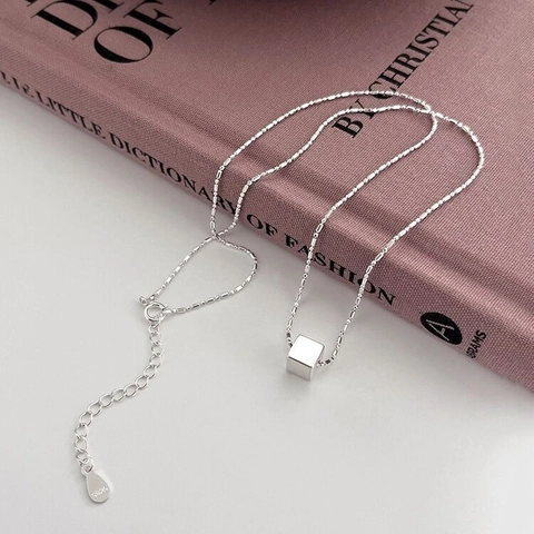 Minimalist 925 Sterling Silver Cube Pendant Necklace For Women Polished Geometric Square Block Clavicle Chain Jewelry Gift