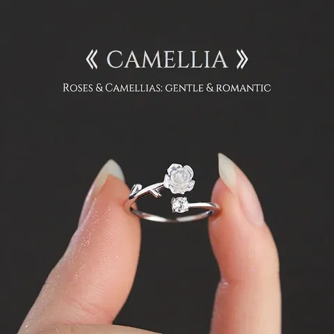 Anillo Abierto de Flor de Camelia de Plata de Ley S925 para Mujer Elegante Circonia Incrustada Ajustable Joyería de Dedo