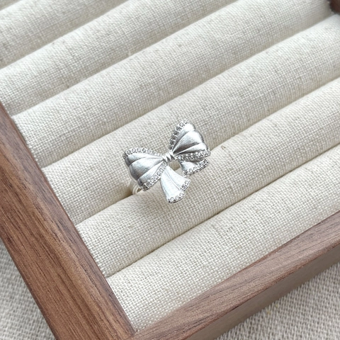 Anillo de Lazo de Plata de Ley 925 Textura Cepillada Zirconia Incrustada Anillo Ajustable Abierto para Mujer Joyería Regalo Diario