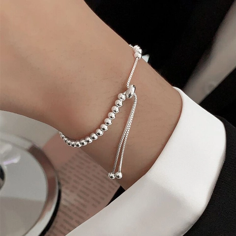 Bracciale a Sfere in Argento Sterling 925 Minimalista Catena a Scatola Regolabile Gioielli da Donna a Mano Lucidi Quotidiani
