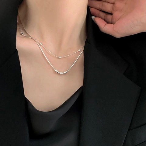 Collana S925 Argento Sterling Minimalista con Tre Grani e Perla di Oliva Elegante Catenina da Clavicola per Donna Gioielli
