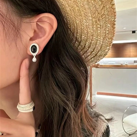 S925 Sterlingsilber Vintage Achat Wassertropfen Ohrstecker Für Damen Elegant Oval Geometrisch Schwarz Weiß Ohrringe Schmuck