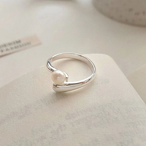 Französischer S925 Sterlingsilber Künstliche Perle Offener Ring Für Damen Minimalistischer Geometrischer Verstellbarer Fingerring