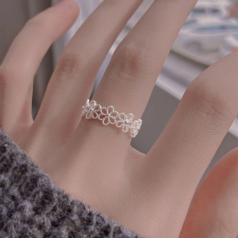 Bague Ouverte en Argent Sterling S925 Fleur Minimaliste Ajouré Floral Bague de Doigt Réglable pour Femmes Bijoux de Luxe