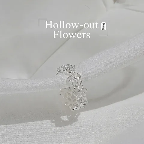 Bague Ouverte en Argent Sterling S925 Fleur Minimaliste Ajouré Floral Bague de Doigt Réglable pour Femmes Bijoux de Luxe