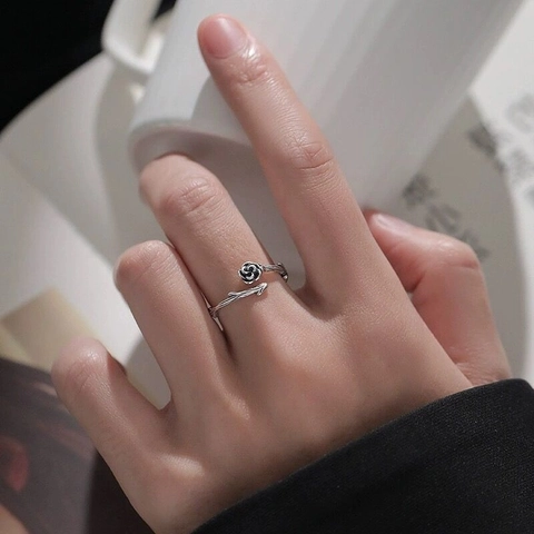 Anello Aperto con Rosa e Spine in Argento Sterling 925 Vintage per Donna Design di Nicchia Fiore Ossidato Regolabile Gioielli