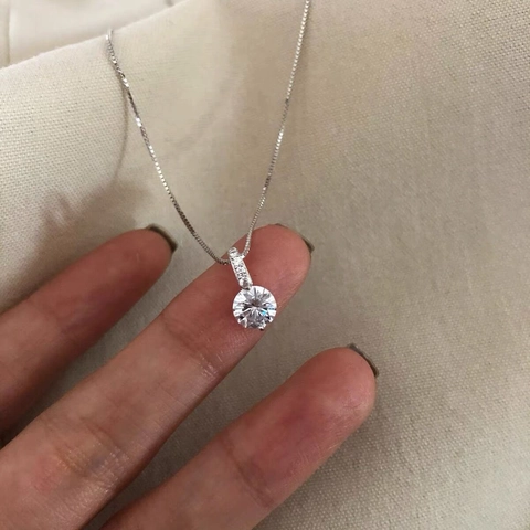 925 Sterling Silver Single Rhinestone Pendant Necklace For Women Minimalist Box Chain Round Crystal Choker Jewelry Valentine Gift