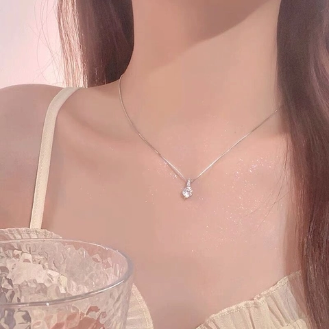 925 Sterling Silver Single Rhinestone Pendant Necklace For Women Minimalist Box Chain Round Crystal Choker Jewelry Valentine Gift