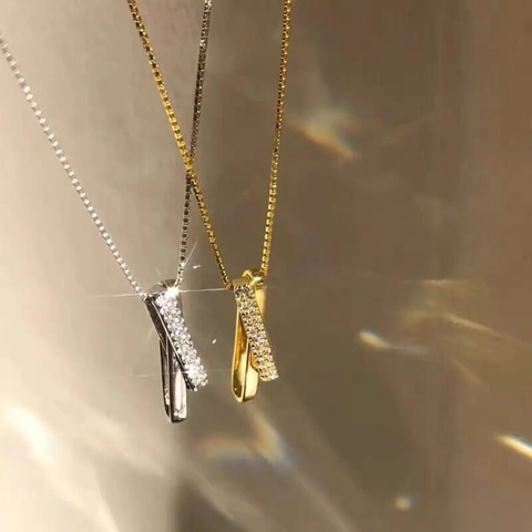 925 Sterling Silver Geometric Interlocking Pendant Necklace For Women Luxury Rhinestone Box Chain Platinum Gold Plated Jewelry