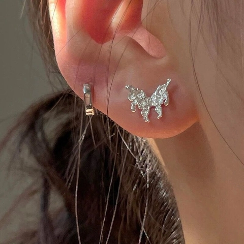 S925 Sterling Silver Irregular Lava Texture Butterfly Stud Earrings For Women Minimalist Liquid Metal Rhinestone Jewelry