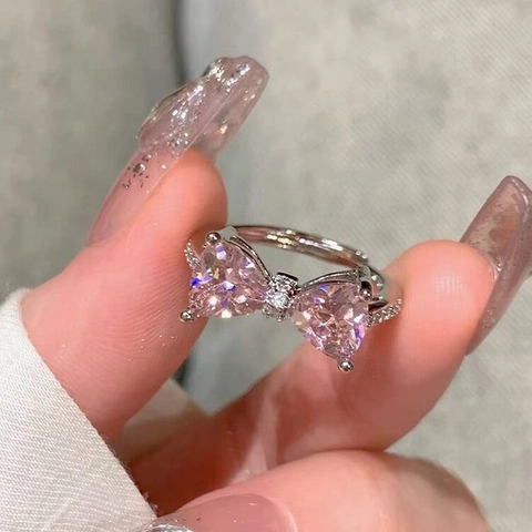 925 Sterlingsilber Schleife Ring Mit Rosa Herz Zirkonia Verstellbarer Offener Fingerring Süßer Modeschmuck Für Damen