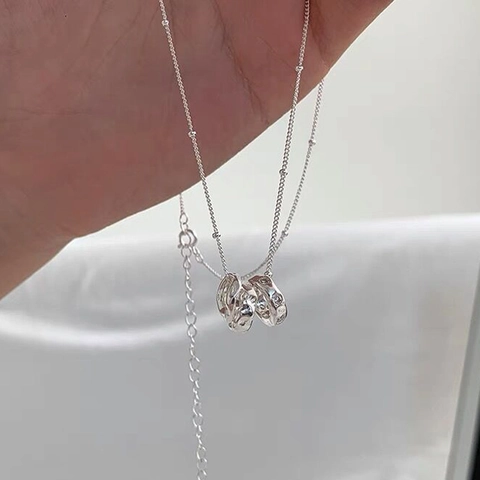 Minimalist 925 Sterling Silver Triple Interlocking Ring Pendant Necklace For Women Zirconia Hammered Chain Jewelry