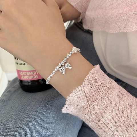 Bracelet en Argent Sterling S925 Avec Nœud Papillon Et Künstliche Perle de Cœur Künstliche Perles d Argent Irrégulières Réglable Bijoux Élégants Pour Femmes