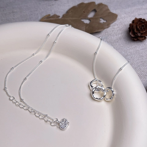 Minimalist 925 Sterling Silver Triple Interlocking Ring Pendant Necklace For Women Zirconia Hammered Chain Jewelry