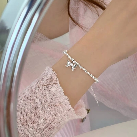 Bracelet en Argent Sterling S925 Avec Nœud Papillon Et Künstliche Perle de Cœur Künstliche Perles d Argent Irrégulières Réglable Bijoux Élégants Pour Femmes