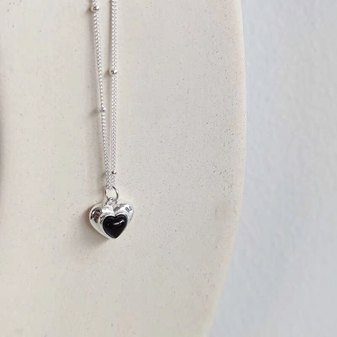 925 Sterlingsilber Herz Anhänger Halskette Schwarzer Achat Eingelegt Satellitenkette Choker Für Damen Eleganter Minimalistischer Schmuck