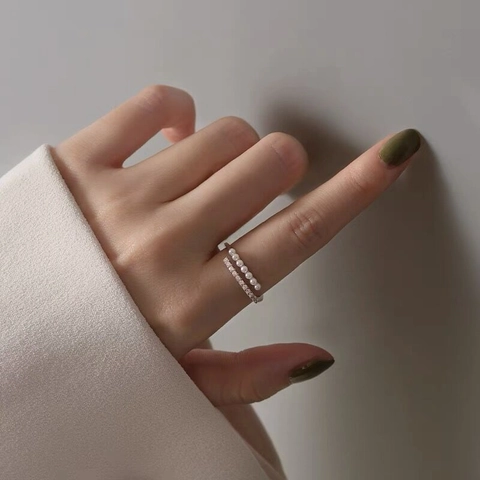 Bague en Argent Sterling 925 Avec Künstliche Perles Double Couche Zircone Bague Ouverte Réglable Luxe Français Bijoux Femme