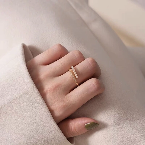 Bague en Argent Sterling 925 Avec Künstliche Perles Double Couche Zircone Bague Ouverte Réglable Luxe Français Bijoux Femme