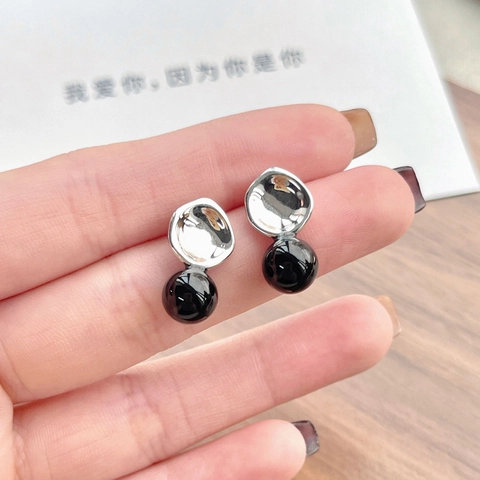 Orecchini a Bottone in Argento Sterling 925 Onice Nera per Donna Minimalista Geometrico Concavo Rotondo Pietra Nera Gioielli di Moda