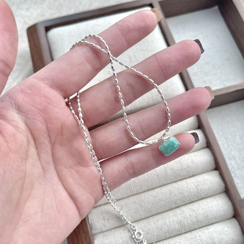 Collar de Plata de Ley 925 Amazonita Para Mujer Lujo Ligero Colgante Rectangular Piedra Verde Cadena de Bolas Joyería