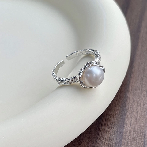 Anello in Argento Sterling 925 Con Trama Irregolare E Perla d'Acqua Dolce Per Donna Elegante Anello Aperto Regolabile Gioielli di Moda Regalo