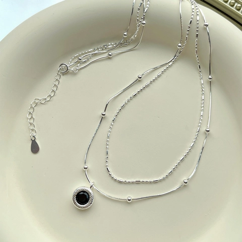 925 Sterlingsilber Doppelschicht Schwarzer Achat Halskette Für Damen Nischendesign Coole Schlüsselbeinkette Schmuck