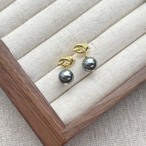 Orecchini a Goccia con Perno in Argento Sterling 925 Nodo Eleganti Perle Artificiali Grigie Forma a Cuore Gioielli Placcati Oro Donna