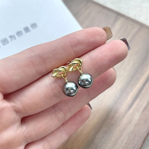 Orecchini a Goccia con Perno in Argento Sterling 925 Nodo Eleganti Perle Artificiali Grigie Forma a Cuore Gioielli Placcati Oro Donna