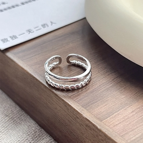 Minimalist 925 Sterling Silver Double Layer Chain Open Ring For Women Trendy Adjustable Twisted Texture Finger Jewelry