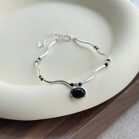 S925 Sterling Silver Wavy Bracelet For Women Minimalist Black Onyx Beaded Chain Bracelet Vintage Hand Jewelry Adjusted Gift